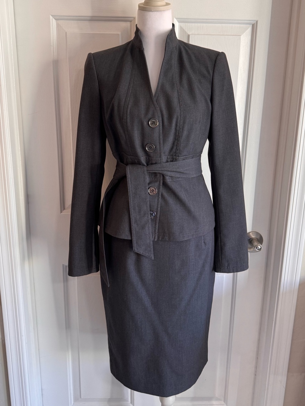 Calvin Klein Charcoal Gray 2-Piece Pencil Skirt Suit Jacket with Belt